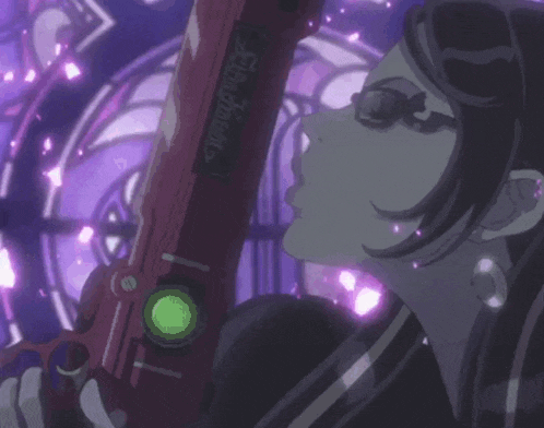 a woman is holding a red gun with a label that says stealth hunters on it
