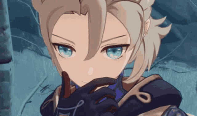 a close up of a cartoon character with blue eyes and a glove on