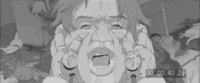a black and white drawing of a man with a robotic arm covering his ears .