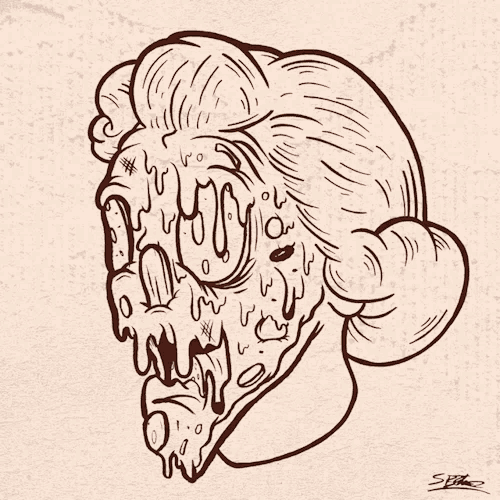 a drawing of a woman 's face with a slice of pizza on it