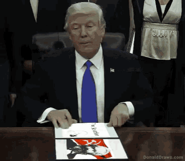 donald trump is sitting at a desk with a picture on it that says " donald draws.com "