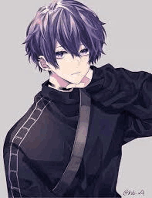 a boy with purple hair and a choker is wearing a black jacket .
