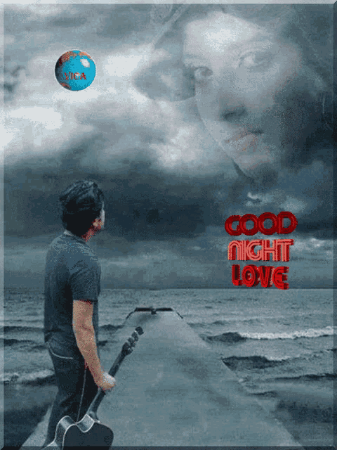 a picture of a man holding a guitar with the words " good night love " on the bottom