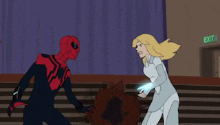 a cartoon of spider-man and white witch fighting