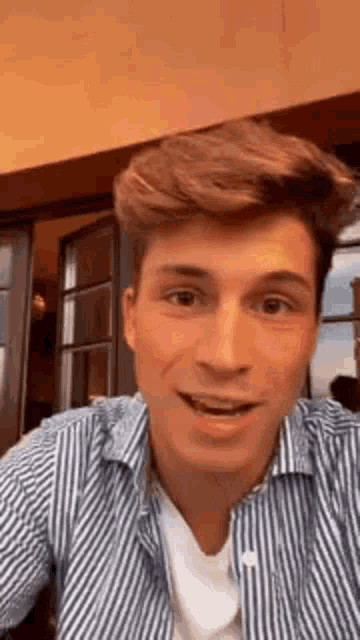 a young man wearing a blue and white striped shirt and a white t-shirt is smiling .