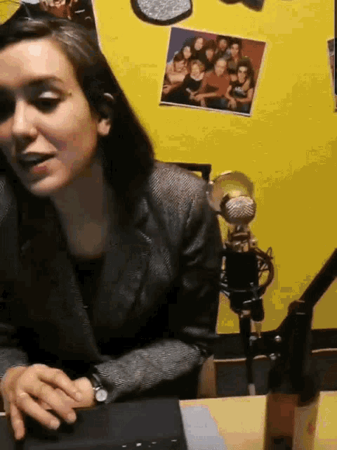 a woman sitting in front of a microphone with a picture of a group of people behind her