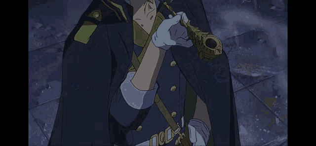 a man in a cape is holding a sword with the letter e on it