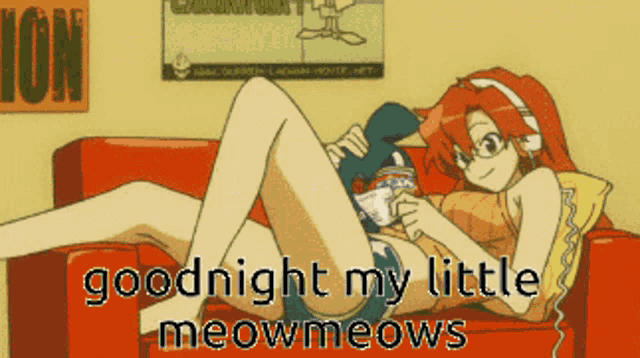 a girl is laying on a couch with the words goodnight my little meowmeows