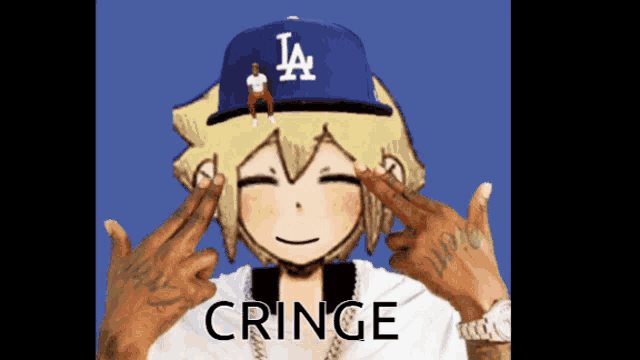 a person wearing a la hat with the word cringe on the bottom right