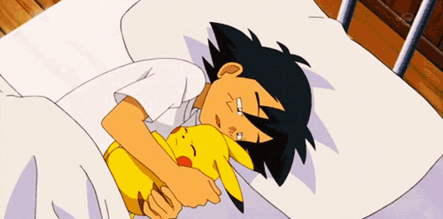 a cartoon character is sleeping with a pikachu