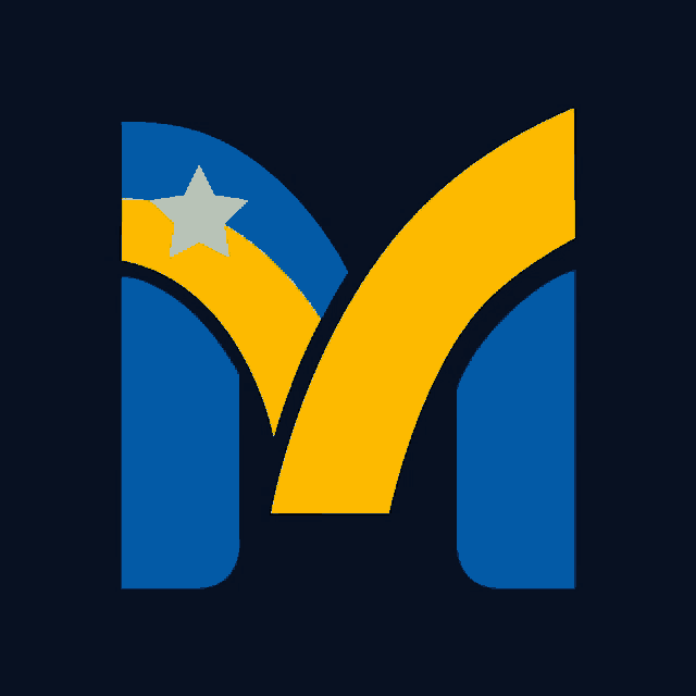 a blue and yellow letter m with a white star in the middle