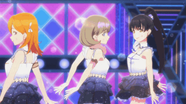 three anime girls are standing in front of a purple and blue background