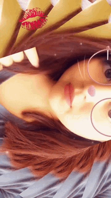 a close up of a woman 's face with glasses and a kiss on her lips