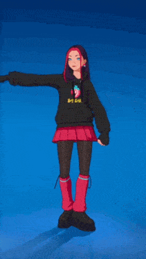 a girl wearing a black hoodie with a strawberry on it stands in front of a blue background