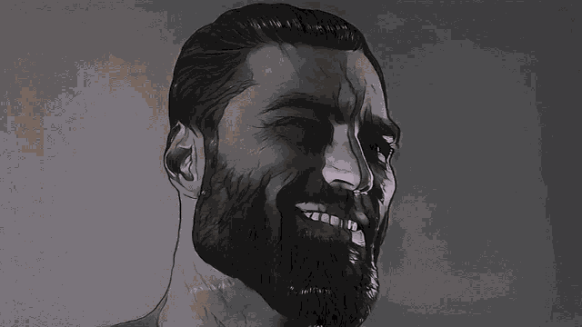 a man with a beard is holding a gun and smiling