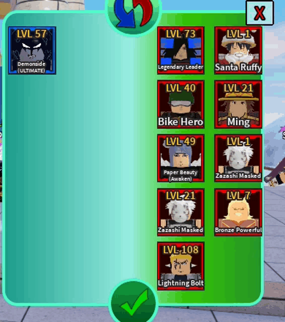 a screenshot of a video game with various characters including bike hero ming and santa ruffy