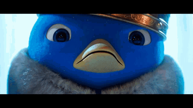 a blue bird wearing a fur coat and a gold crown