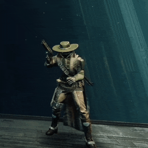 a man in a cowboy hat is pointing a gun