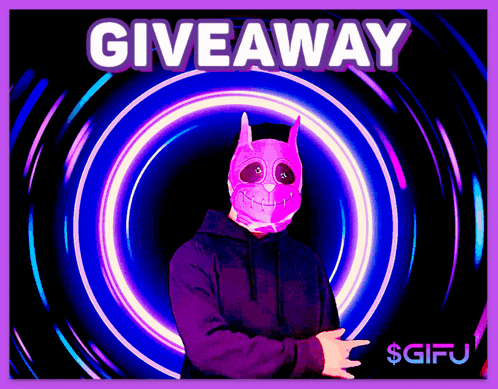 a poster for a giveaway with a person wearing a purple mask