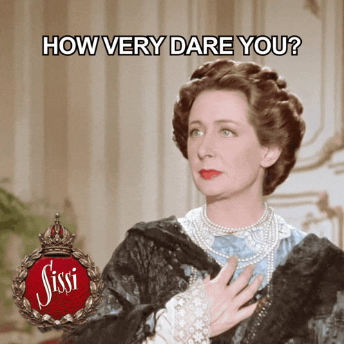 a woman in a black and blue dress with the words how very dare you