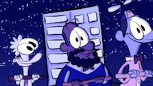 a group of cartoon characters are standing next to each other in front of a building