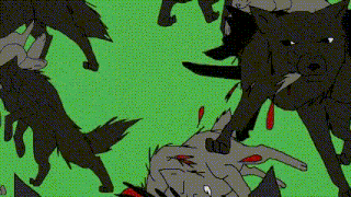 a group of wolves are standing around a dead rabbit on a green background .