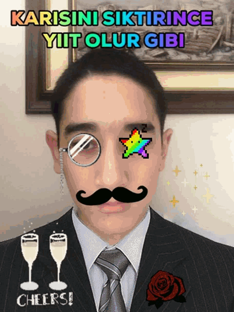 a man in a suit has a mustache and glasses on his face and the words cheers on the bottom