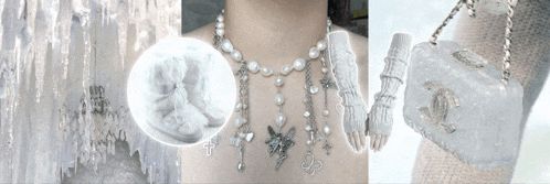 a woman wearing a necklace gloves and a purse with the letter c on it