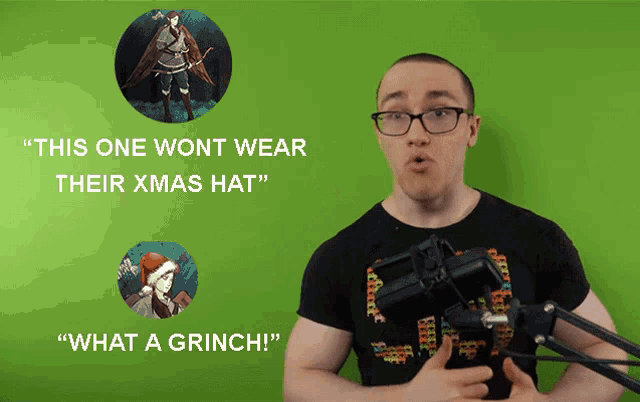 a man stands in front of a green screen that says this one won t wear their xmas hat