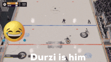 an animated image of a hockey game with the words " durzi is him " at the top
