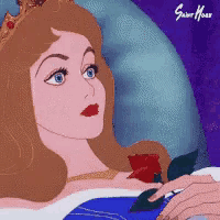 a cartoon of sleeping beauty with a rose in her hand