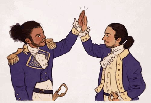 two men in military uniforms are giving each other a high five while holding swords .
