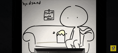 a drawing of a person sitting on a couch with a sign that says " day 7 movie day "