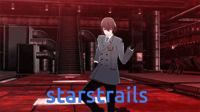a person running in a dark room with starstrails written in blue