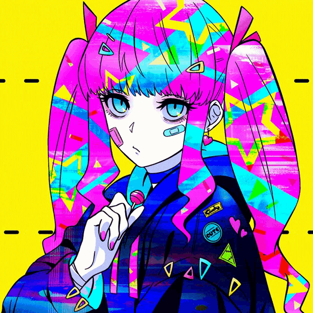 a colorful drawing of a girl with a patch on her jacket that says cute