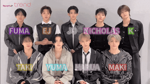 a group of young men are posing for a picture with the names fuma ej jo nicholas k and maki