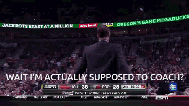 espn is showing a basketball game and says " wait i 'm actually supposed to coach " at the top