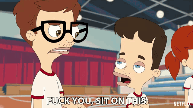 a cartoon says " fuck you sit on this " at the top