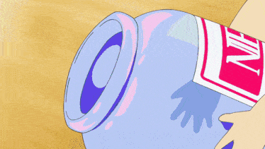 a cartoon character with blue hair has a yellow stripe on her shoulder