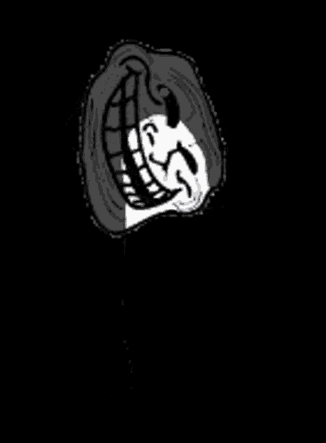 a black and white troll face with red eyes on a black background .