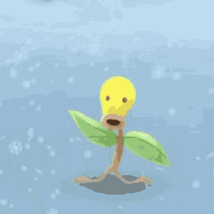 a cartoon plant with a yellow head and green leaves is walking on a blue surface .