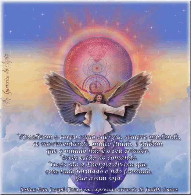 a picture of jesus with wings and a quote in a foreign language