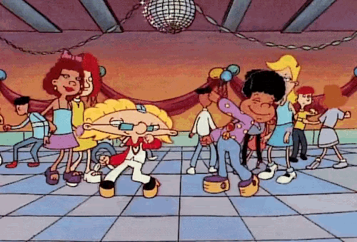 a group of cartoon characters are dancing on a dance floor with a disco ball in the background
