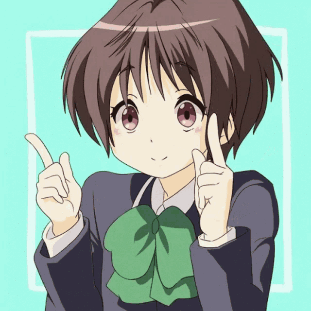 a girl with short hair and pink eyes is pointing her finger