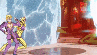 a cartoon of a man in a purple suit standing next to a cartoon character in a yellow suit .
