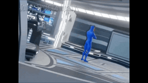 a blue superhero is standing in a room with the words john purple company on the bottom right