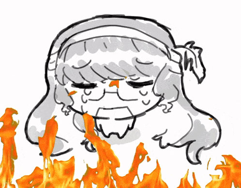 a black and white drawing of a girl with flames behind her