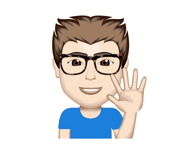 a cartoon man wearing glasses and a blue shirt is waving