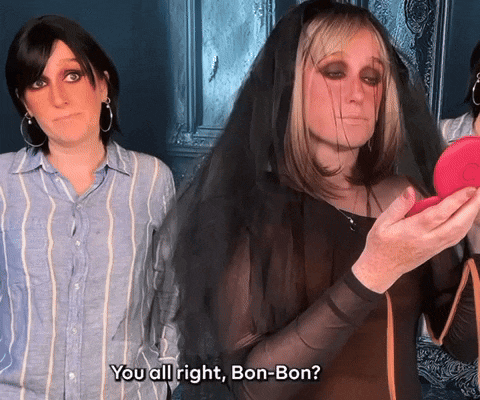 two women are standing next to each other and one of them says you all right bon-bon