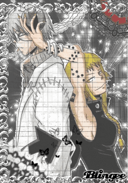 a drawing of a man and a woman with the word blingee on the bottom right